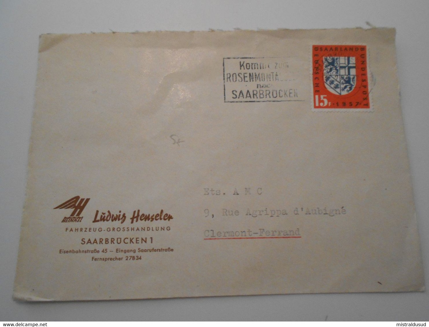 Sarre , Lettre De Saarbrucken 1957 Pour Clermont-ferrand - Briefe U. Dokumente