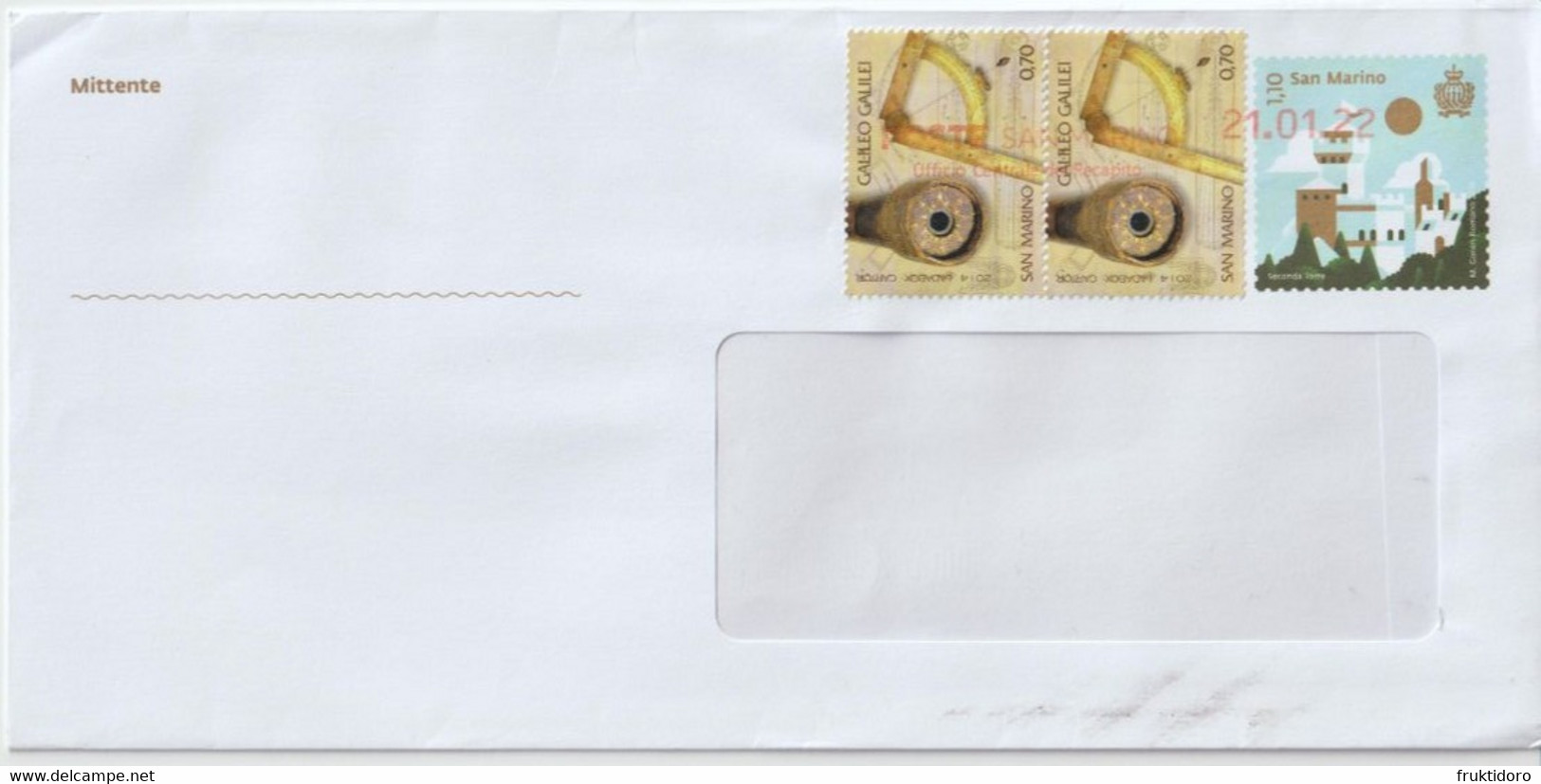 San Marino Envelope Port Payé 2018 Second Tower W/Mi 2610 450th Birth Anniversary Of Galileo Galilei - Telescope & Compa - Plaatfouten En Curiosa