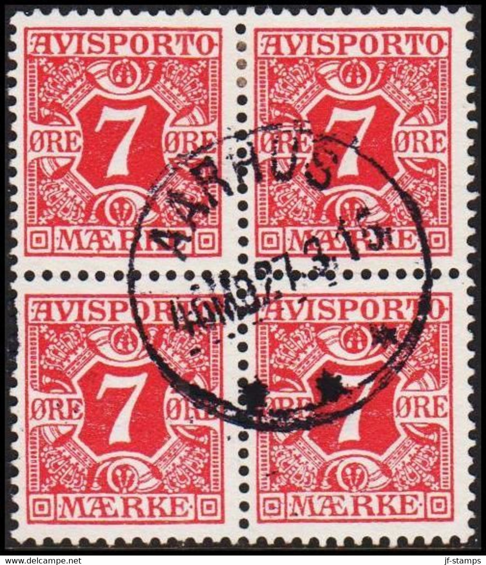 1907. Newspaper Stamps. 7 Øre Red. Wmk. Crown. 4-block. (Michel V3X) - JF521006 - Postage Due