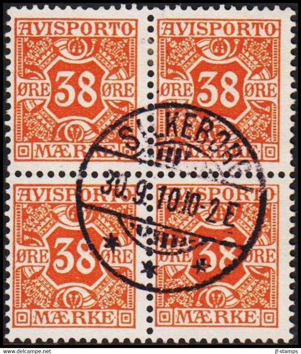 1907. Newspaper Stamps. 38 Øre Orange. Wmk. Crown. 4-block. (Michel V6X) - JF521009 - Postage Due