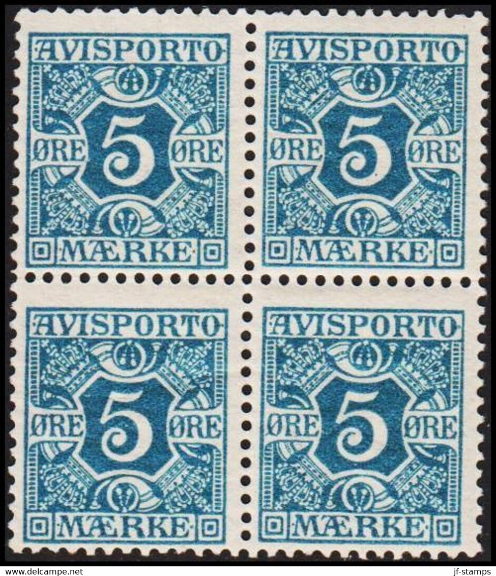 1907. Newspaper Stamps. 5 Øre Blue. Wmk. Crown. 4-block. Never Hinged. (Michel V2X) - JF521013 - Postage Due