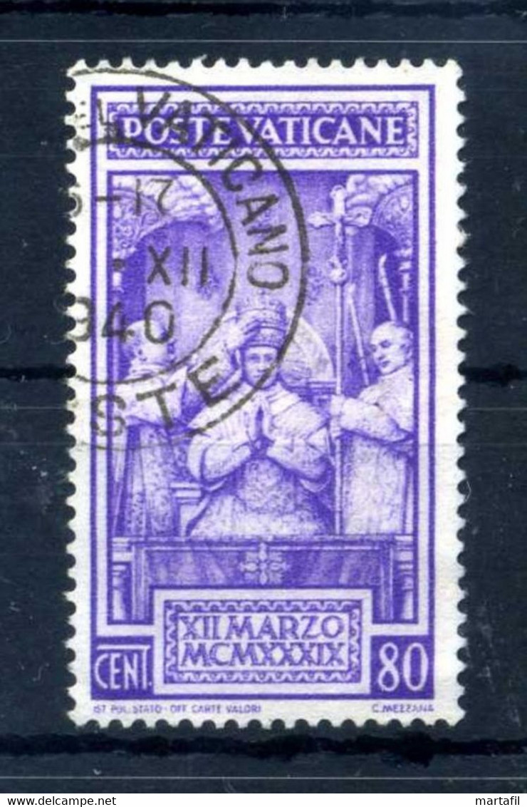 1939 VATICANO N.70 USATO 80 Centesimi Violetto Incoronazione PIO XII - Usados