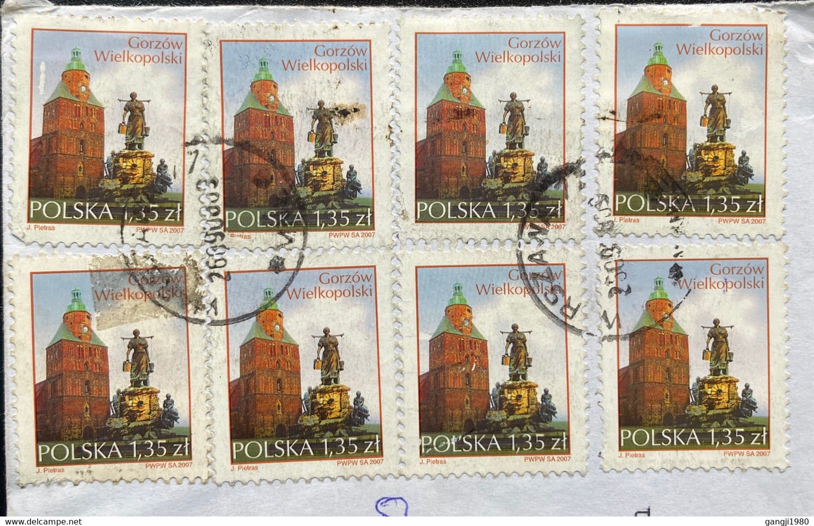 POLAND 2008, GORZOW WELCO POLSKI, STATUE, MONUMENT,BUILDING,ARCHITECTURE,8 STAMPS REGISTER,AIRMAIL COVER TO INDIA - Cartas & Documentos