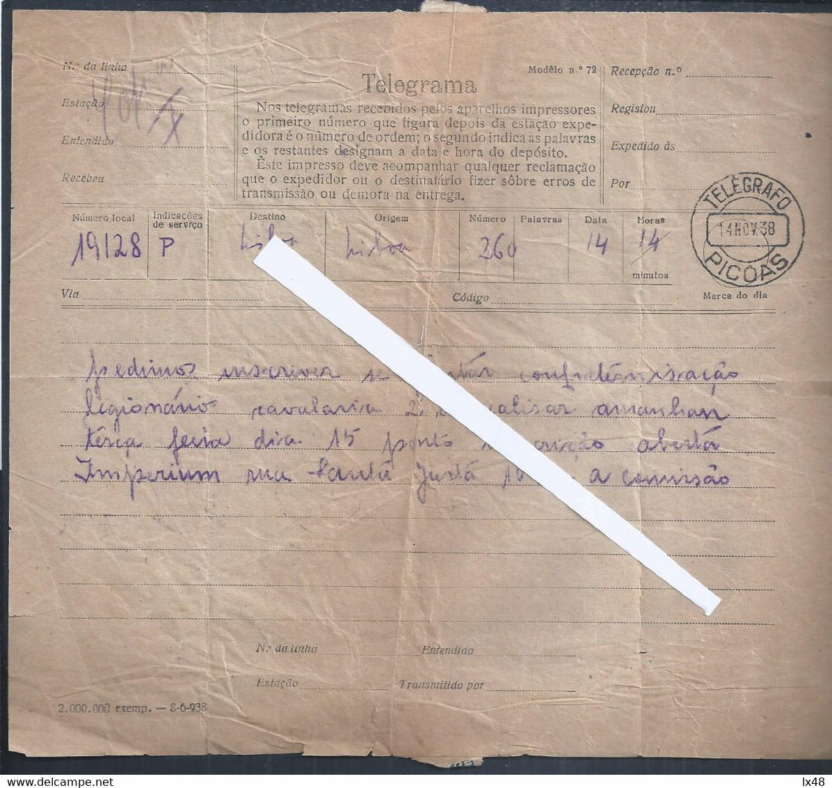 Telegrama Obliteração De 'Telégrafo Picoas 14nov38'. Jantar Confraternização Do Legionário. Cavalaria 2. Telegram With - Brieven En Documenten