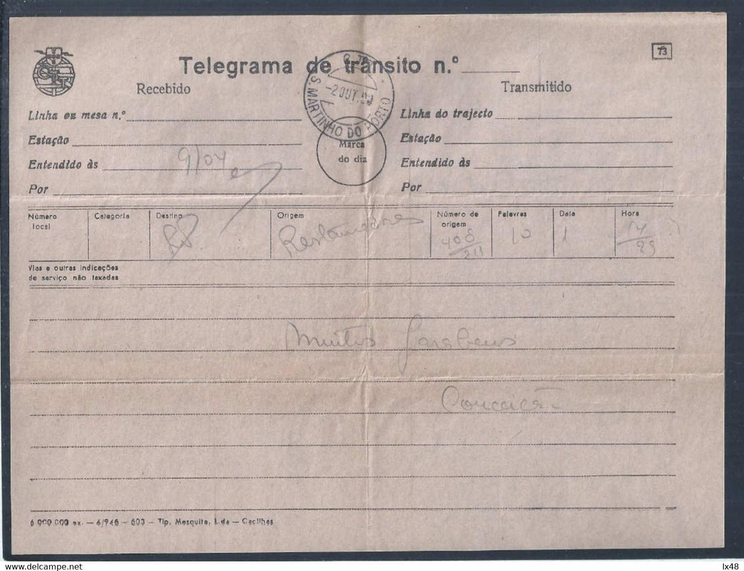 Telegram In Transit Mod. 73. Obliteration Of The Post Office Of S. Martinho Do Porto, Alcobaça. Télégramme En Transit Mo - Lettres & Documents