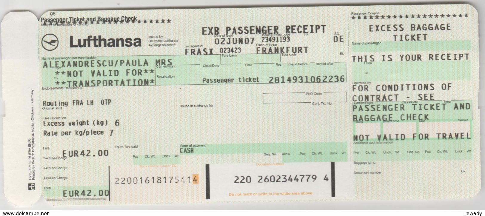 EUROLINES Romania - Bilet De Calatorie / Passenger Ticket / Lufthansa / Factura / Boarding Pass /  Ticket Bagage - Biglietti