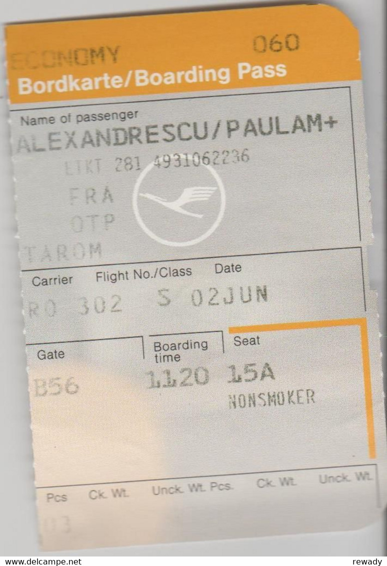 EUROLINES Romania - Bilet de calatorie / Passenger ticket / Lufthansa / factura / boarding pass /  ticket bagage