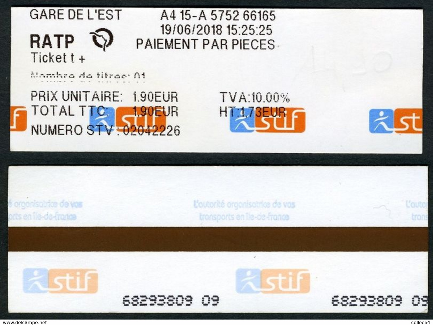 PARIS RATP/STIF  Ticket T+ Gare De L'Est - Europe