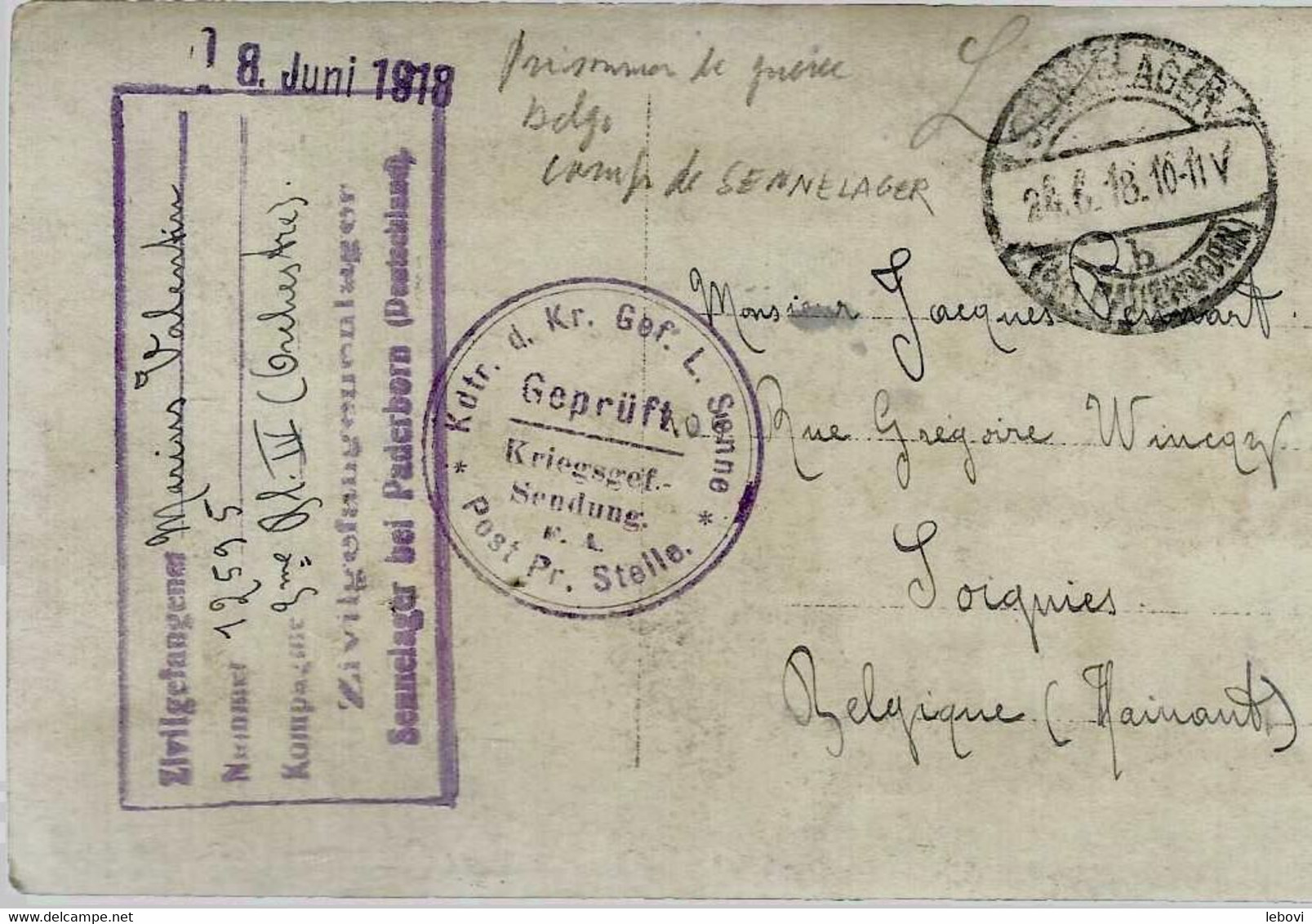 Photo-carte Ayant Circulé Du Camp De Prisonniers De Guerre Belges De SENNELAGER Vers SOIGNIES (18/06/1918) - German Occupation