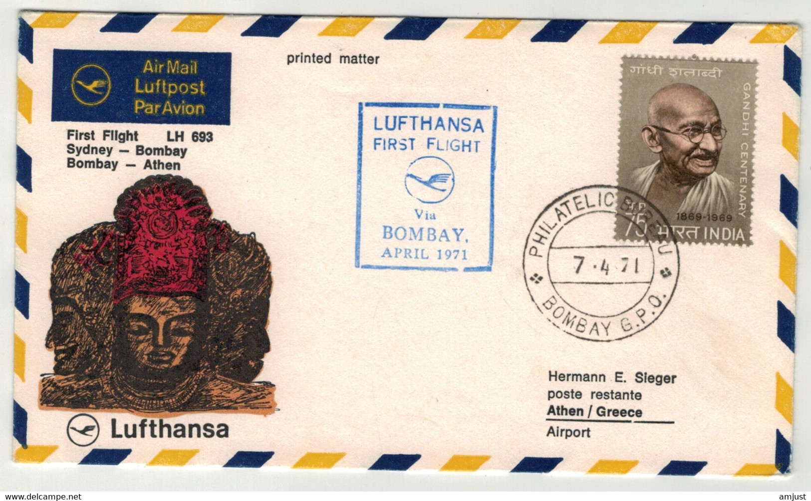 Inde // India // Poste Aérienne // Vol Lufthansa Sydney-Bombay Et Bombay-Athen (avril 1971) - Airmail