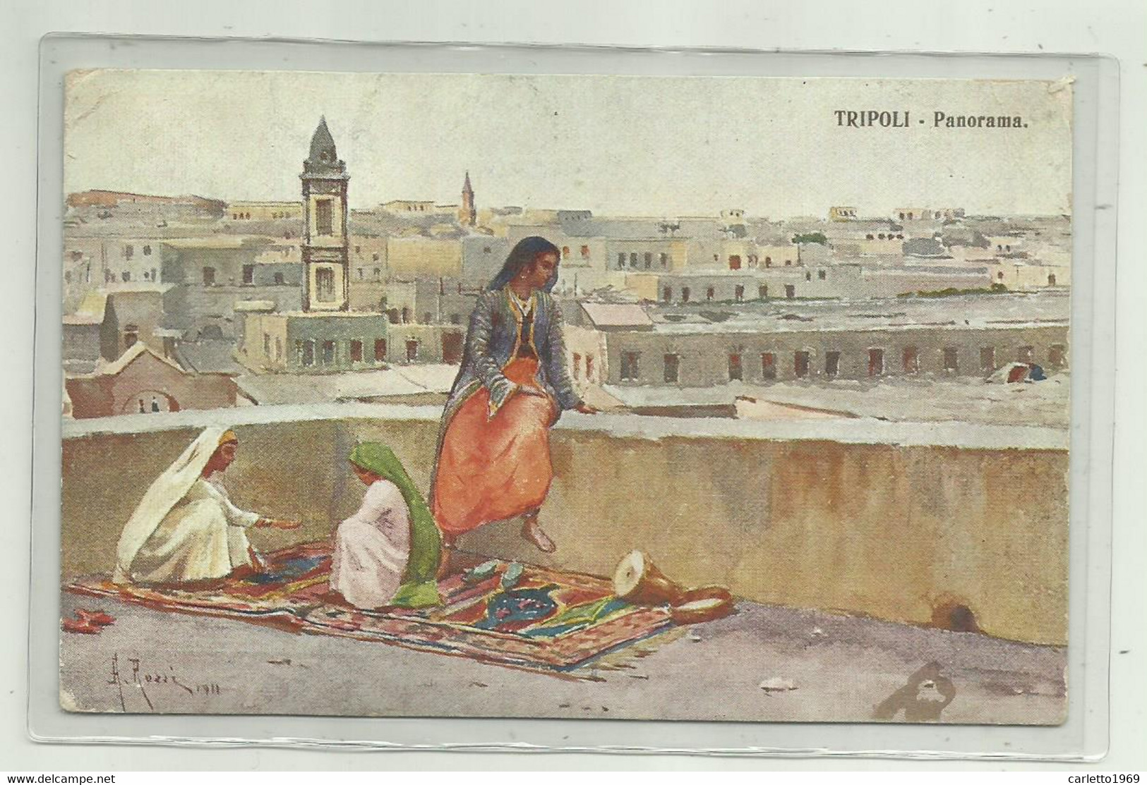 TRIPOLI PANORAMA - COPPIA  FRANCOBOLLI 5 CENT. SOVRASTAMPATI LIBIA 1918 VIAGGIATA FP - Libya