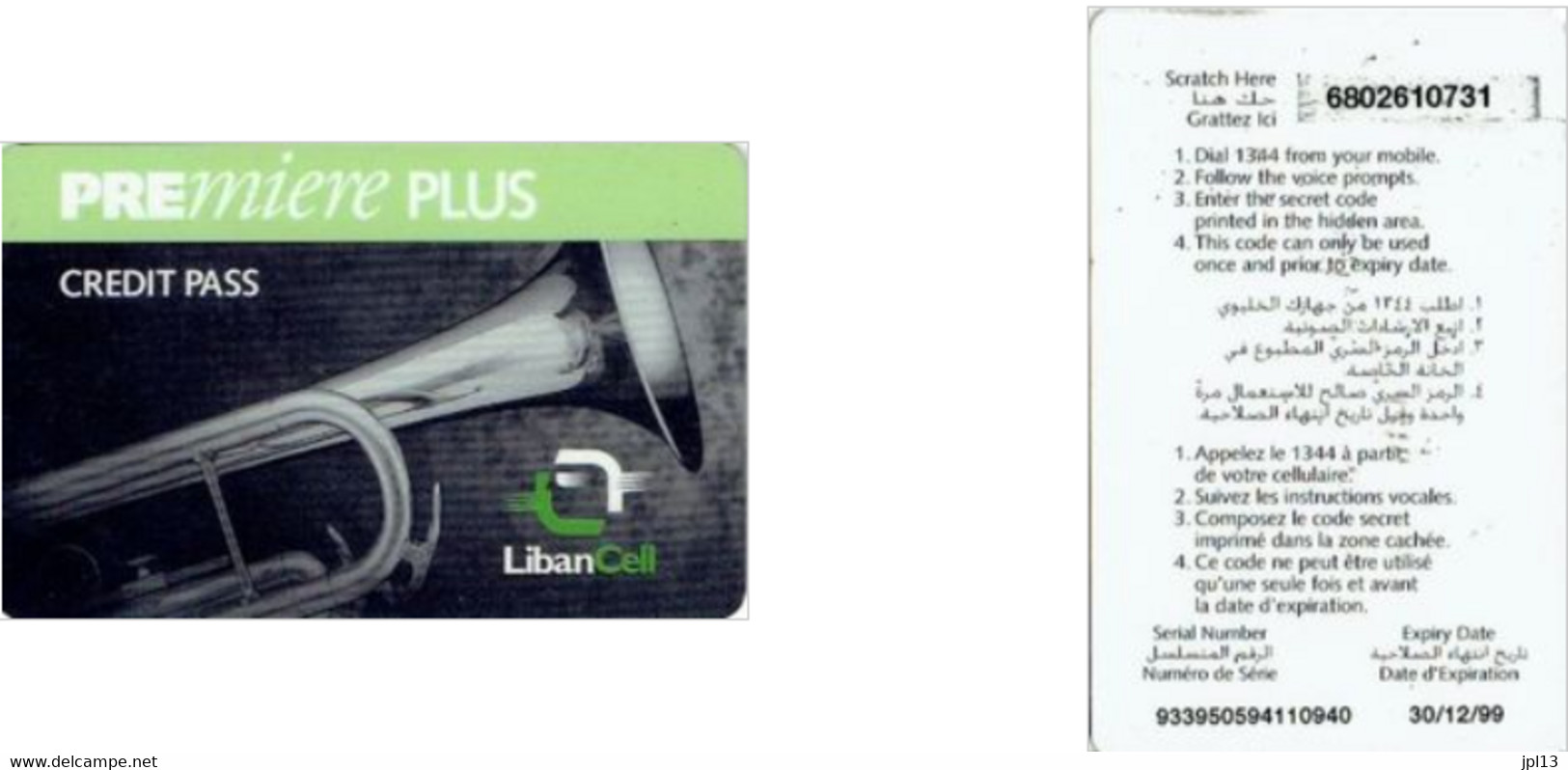 Recharge GSM - Liban - LibanCell - Saxophone Bande Verte, Exp.12/12/1999 - Libano