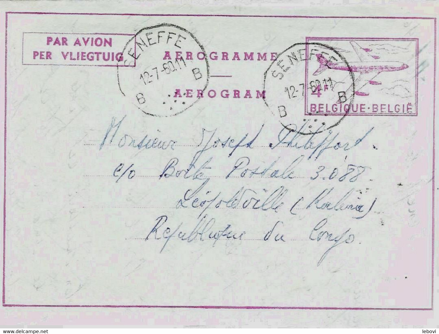 BELGIQUE - Aérogramme-  A Circulé De SENEFFE à LEOPOLDVILLE (12.07.1960) - Aerograms