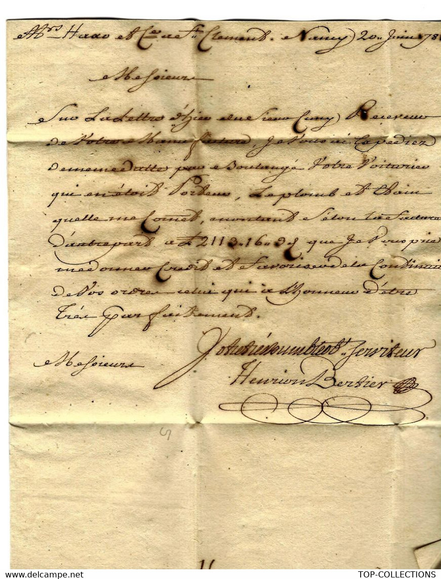 1781 LETTRE De Nancy Vente De Saumon De Plomb Par Henrion Bertier à La Manufacture De Faïence Faïencerie De St Clément - ... - 1799