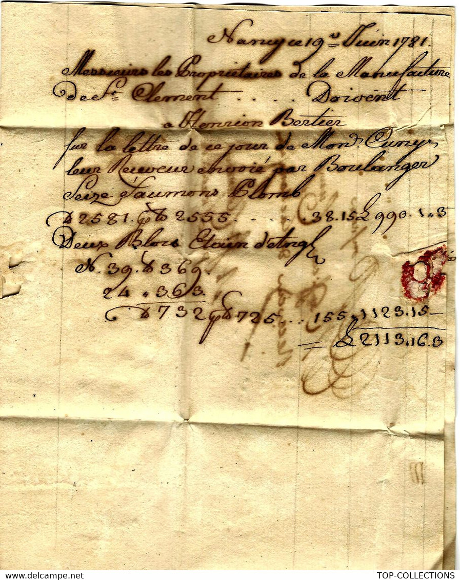 1781 LETTRE De Nancy Vente De Saumon De Plomb Par Henrion Bertier à La Manufacture De Faïence Faïencerie De St Clément - ... - 1799