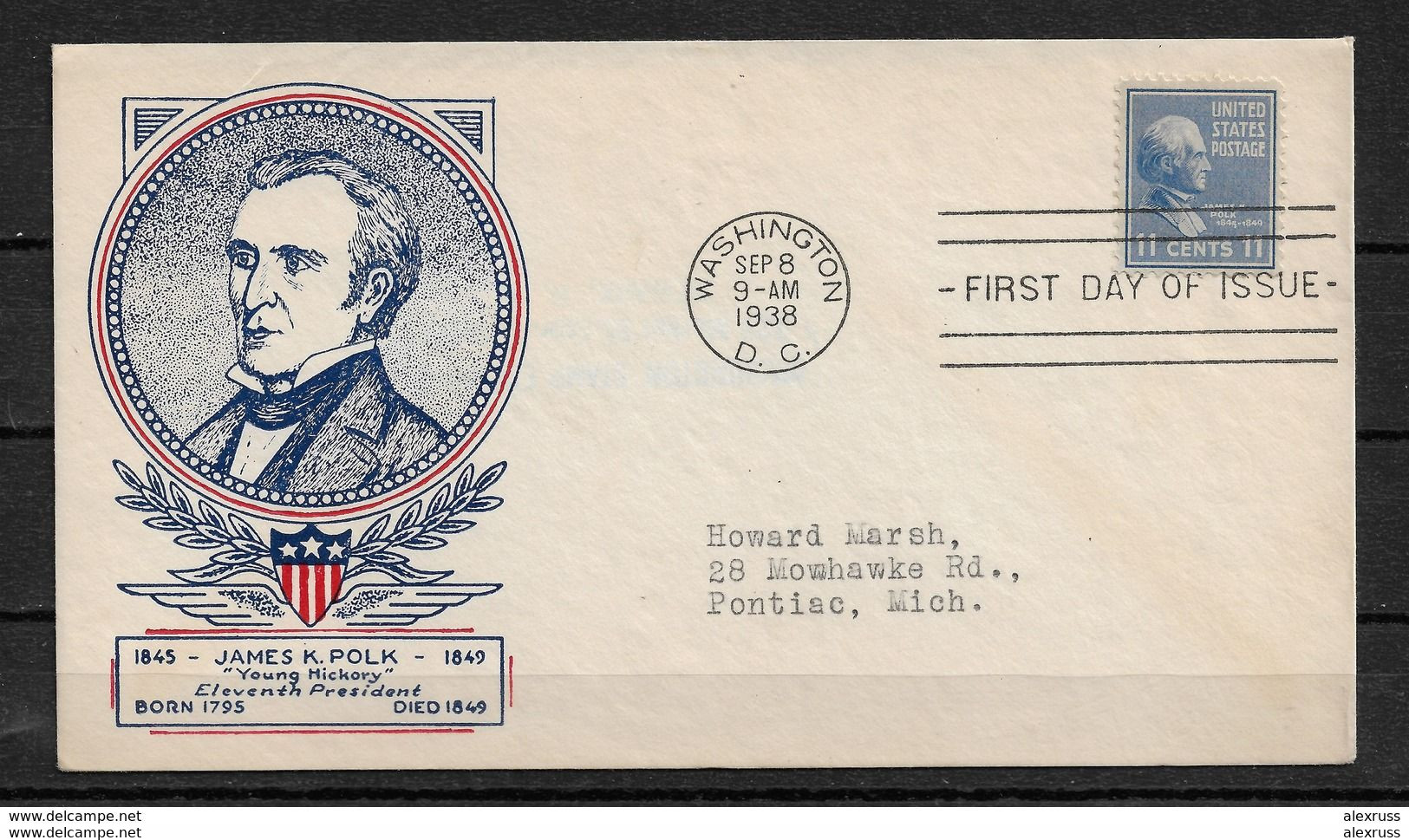 Early US 1938 FDC Cachet President James K. Polk,Very Fine Litno ! - 1851-1940