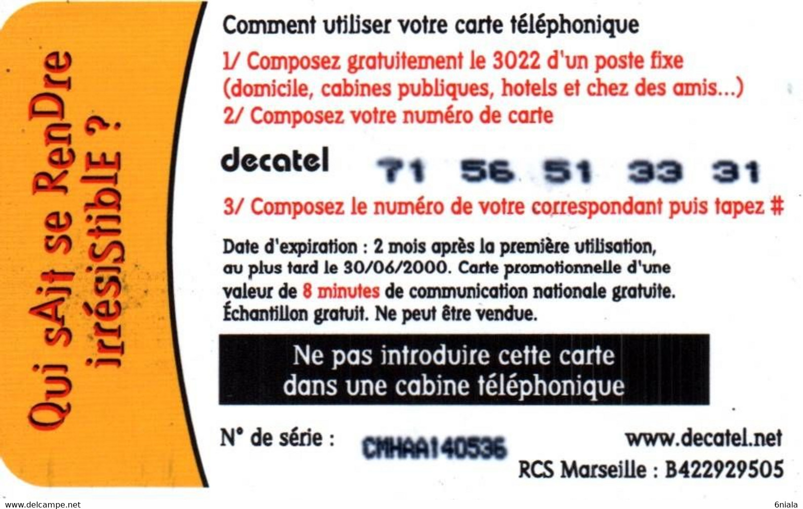 7531 Télécarte Collection  Prépayée Decatel  8mn Chameau  Recto Verso)  Carte Téléphonique Promotionnelle - Altri & Non Classificati