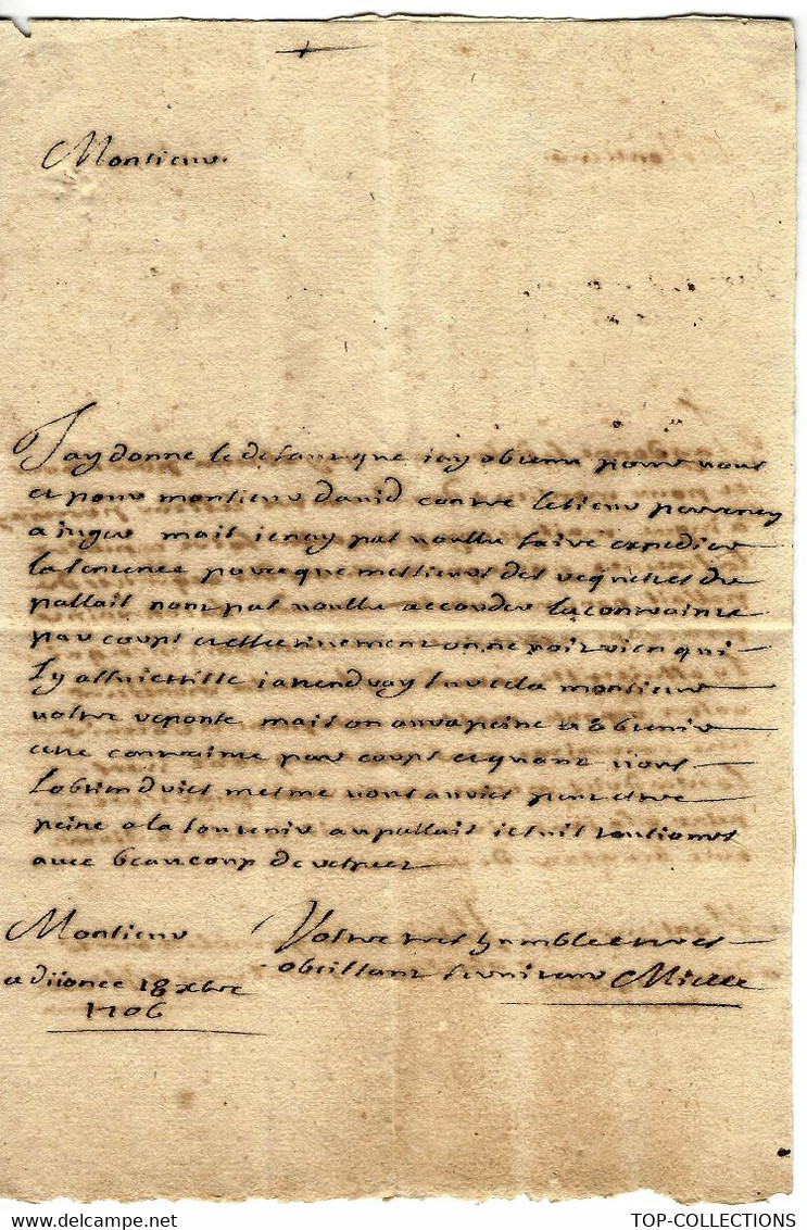 LETTRE 1706 Par Mr MIELLE Lieu ??=> Mr MAILLY Conseil Du Roy  Seigneur à Château Renaud à CHALON Saône Et Loire - Historische Documenten