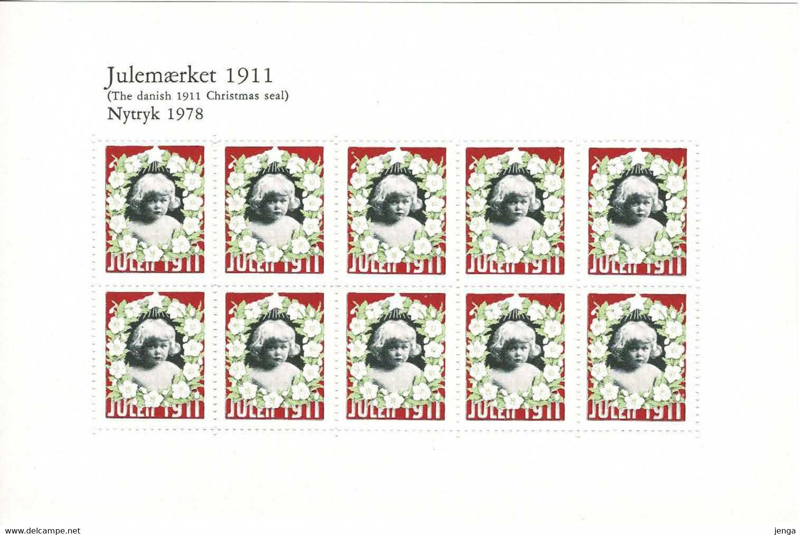 Denmark; Christmas Seals 1911; Reprint/Newprint Small Sheet With 10 Stanps.  MNH(**), Not Folded. - Essais & Réimpressions