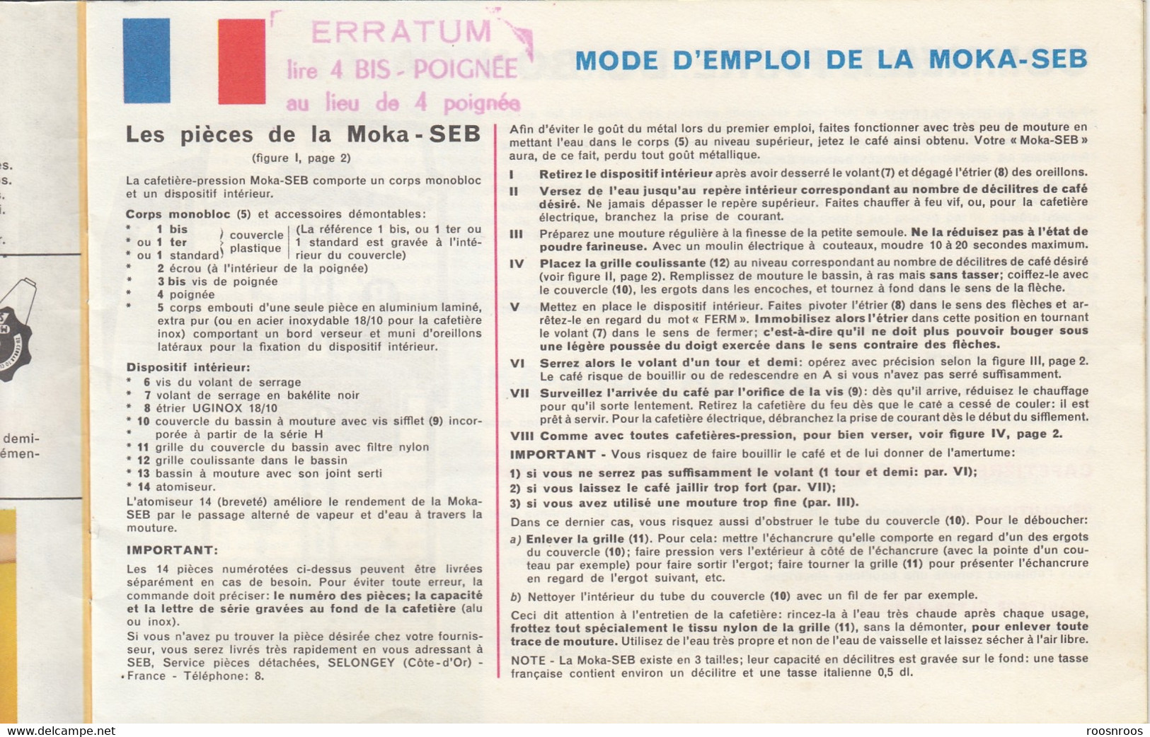MODE D'EMPLOI CAFETIERE PRESSION - SEB MOKA - ANNEES 60 - Matériel Et Accessoires