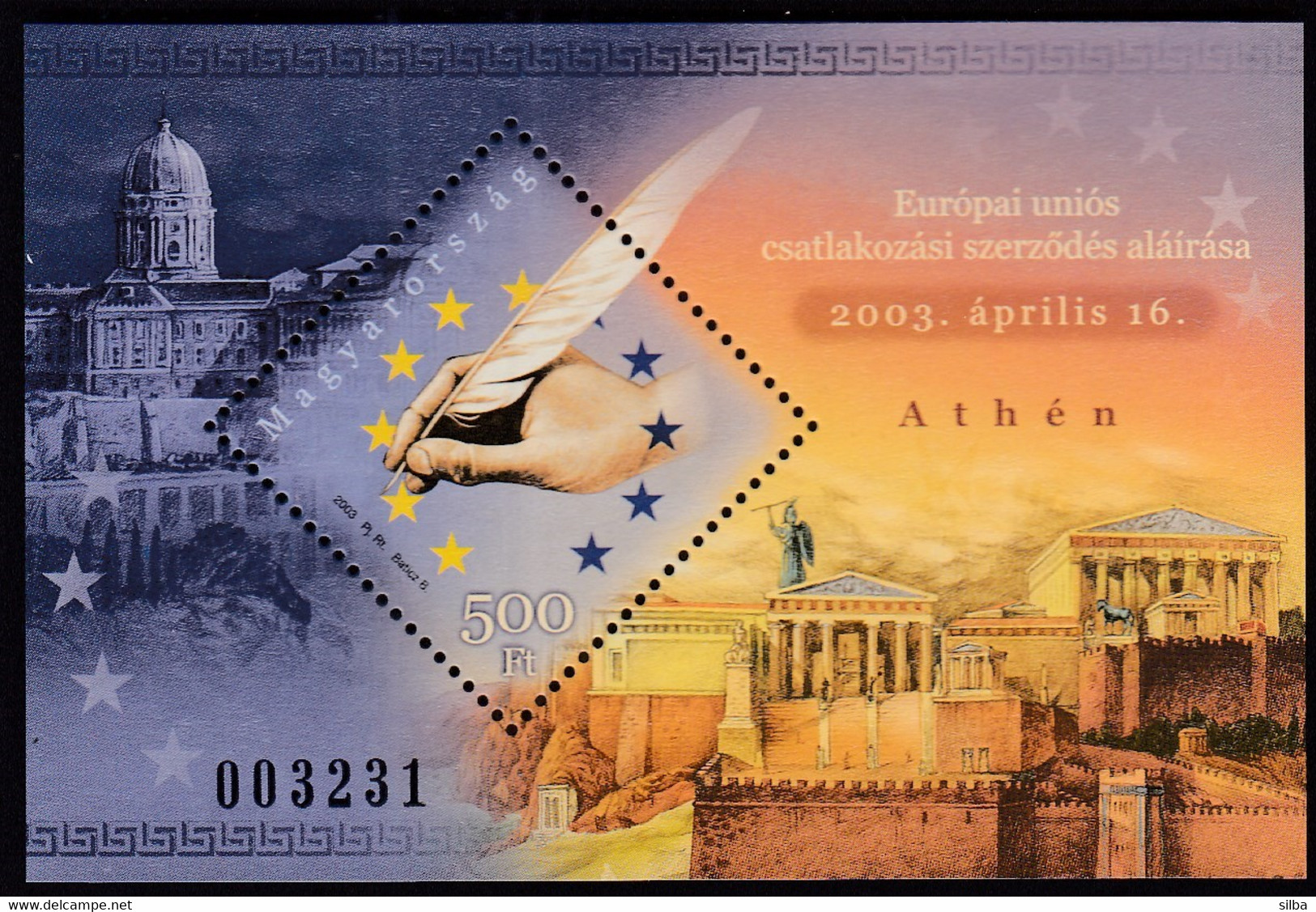 Hungary 2003 / Hungarian Admission To European Union, Athens / MNH Mi Bl 279 / European Stars, Feather - Lettres & Documents