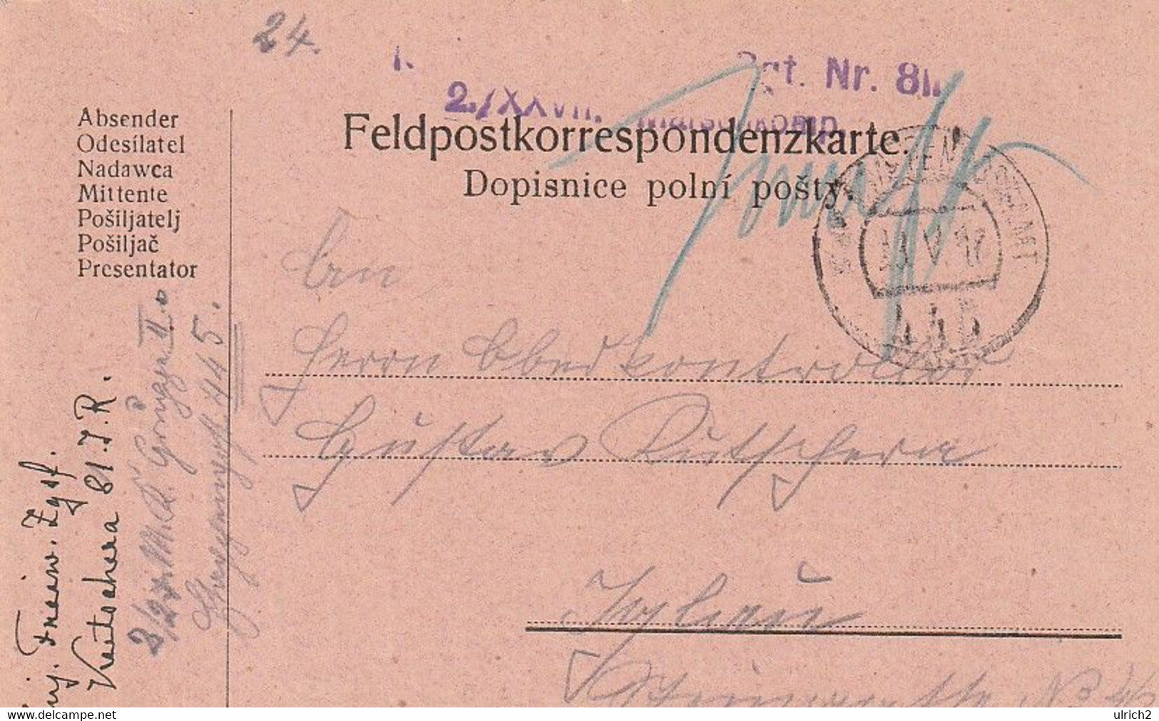 Feldpostkarte - 81. IR - Nach Iglau - 1917 (60718) - Lettres & Documents