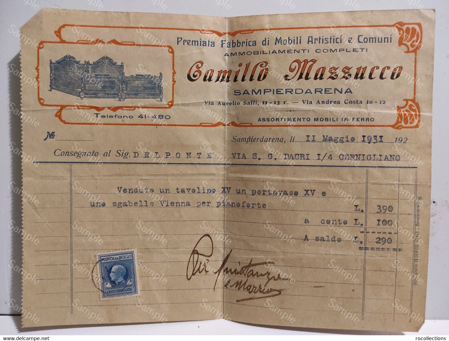 Italy Italia Fattura Invoice CAMILLO MAZZUCCO Sampierdarena Fabbrica Mobili 1931 - Italia