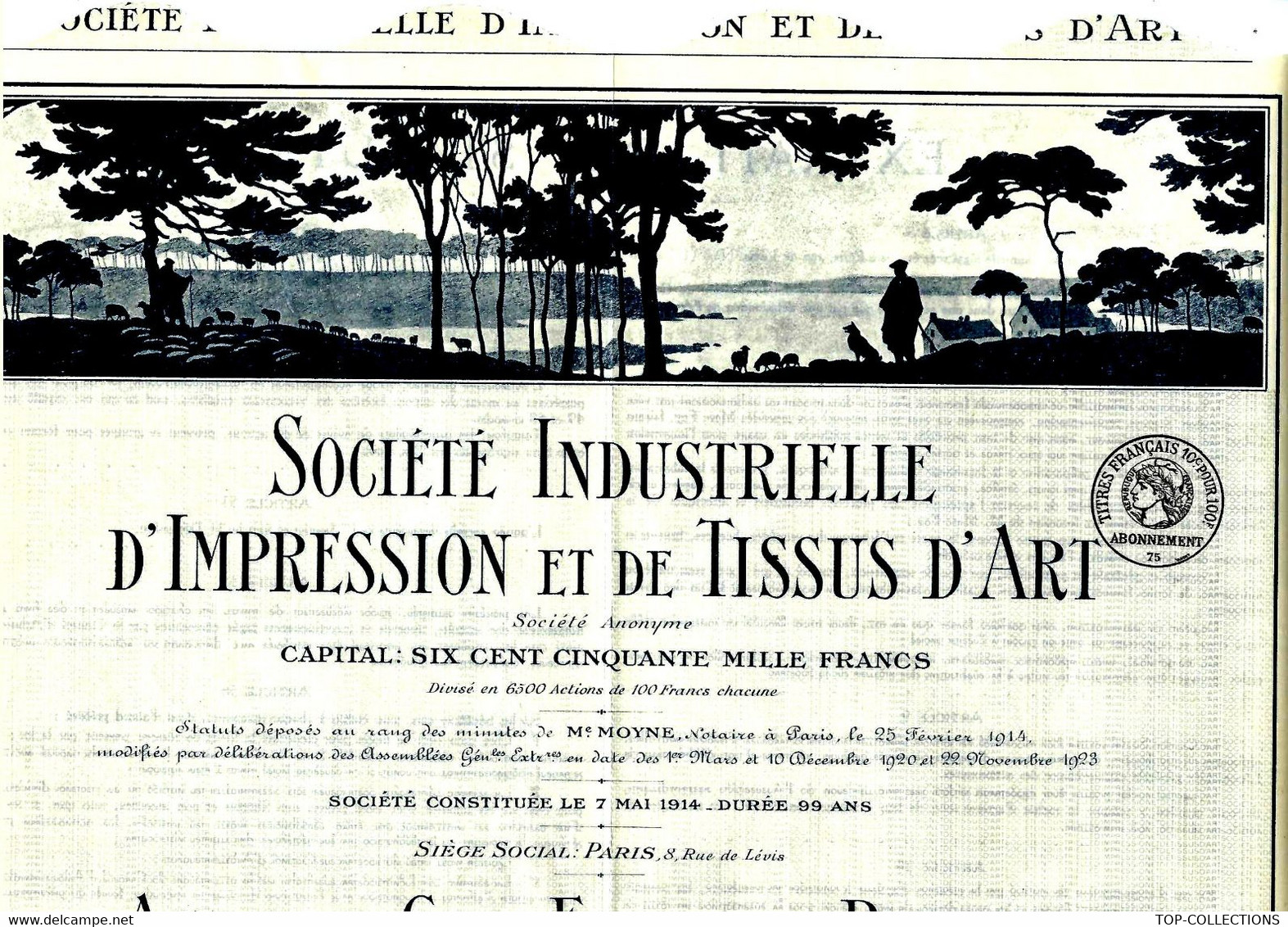 1924 SOCIETE INDUSTRIELLE D’ IMPRESSION ET DE TISSUS D’ ART PARIS ACTION DE 100 FRS COTATION 70 EUROS V.SCANS - Textiles