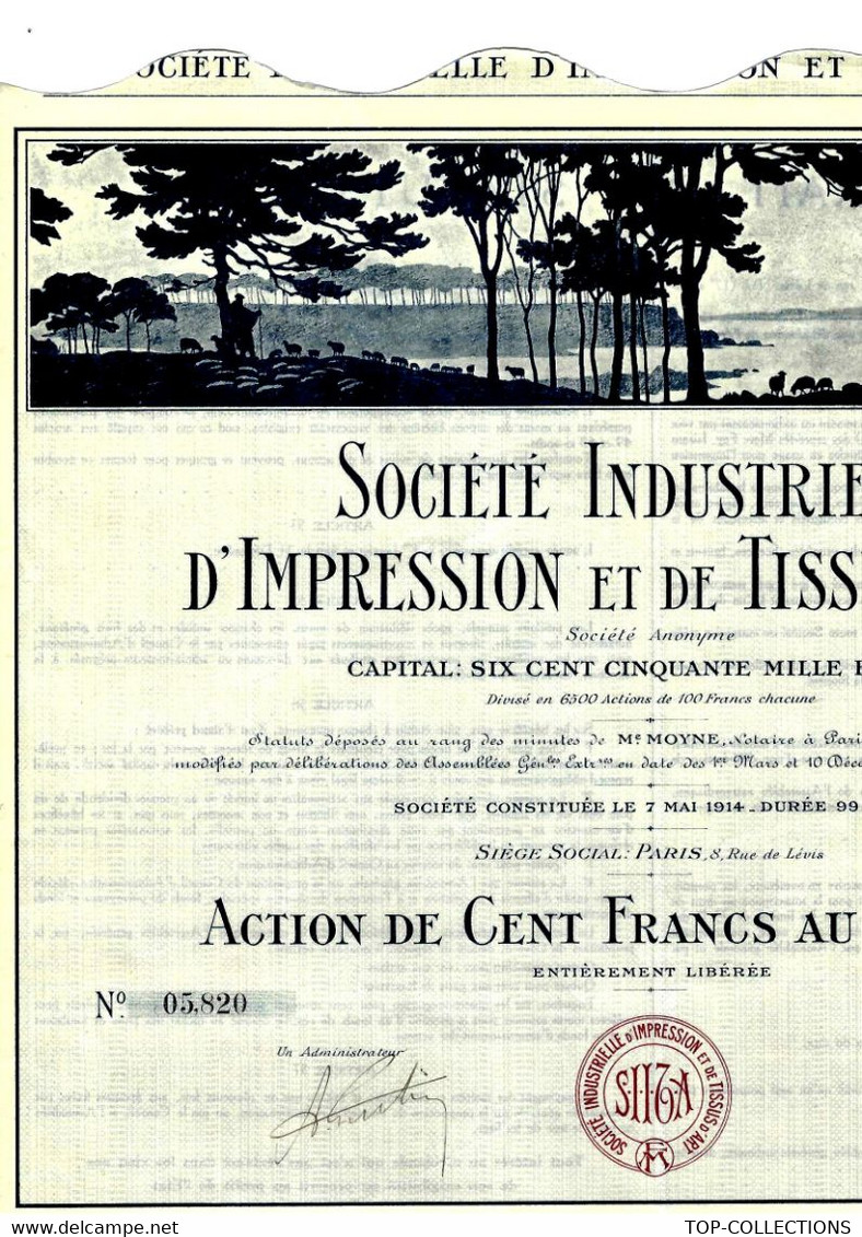 1924 SOCIETE INDUSTRIELLE D’ IMPRESSION ET DE TISSUS D’ ART PARIS ACTION DE 100 FRS COTATION 70 EUROS V.SCANS - Textiel