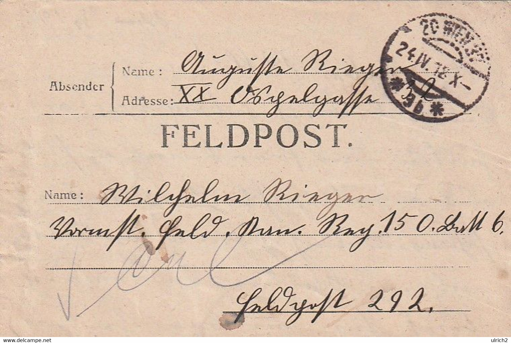 Feldpostbrief - Wien - Nach Feldpost 292 (60720) - Briefe U. Dokumente