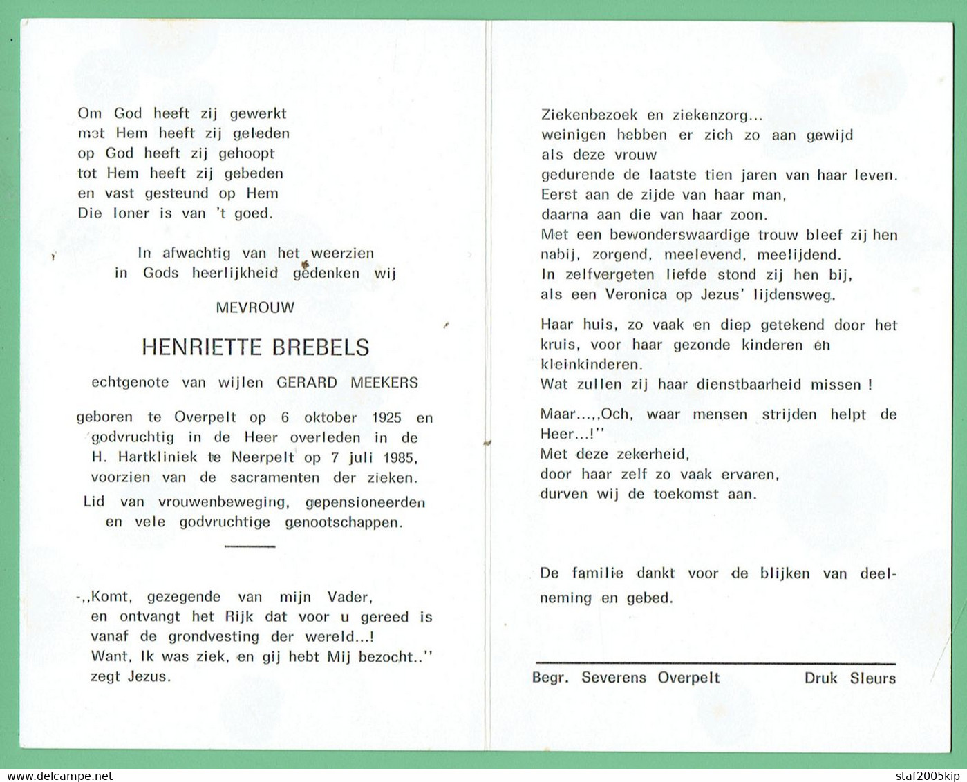 Bidprentje - Henriette BREBELS Echtg. Gerard MEEKERS - Overpelt 1925 - Neerpelt 1985 - Imágenes Religiosas