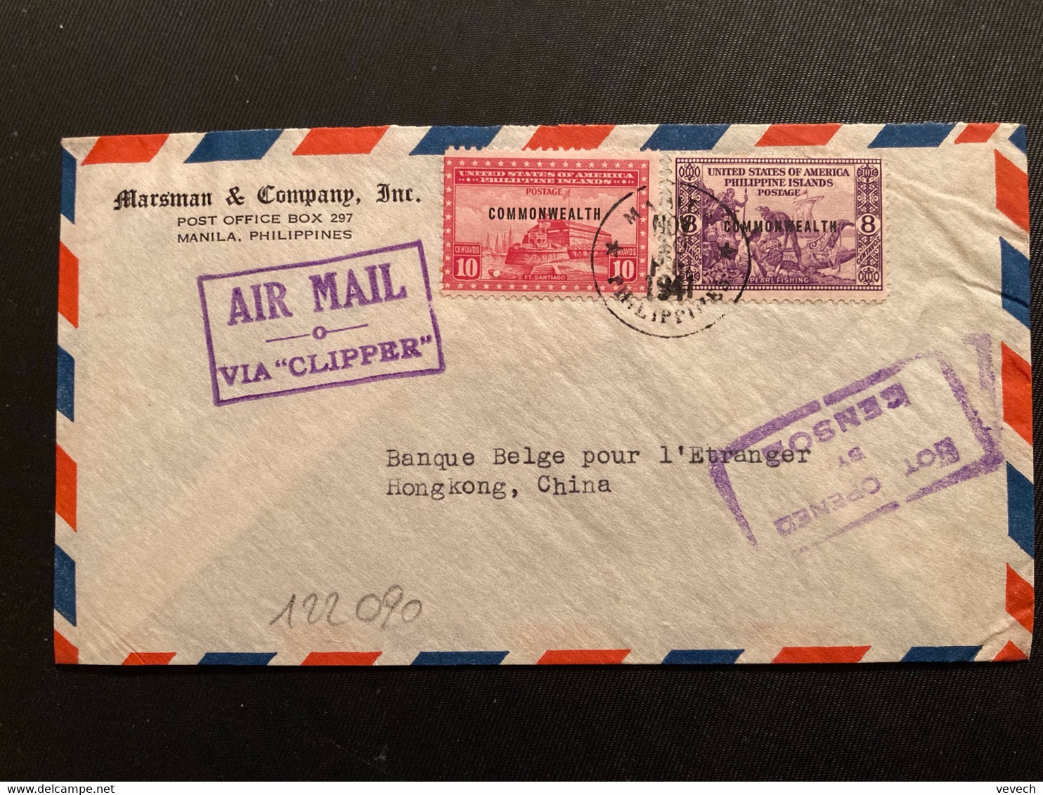 LETTRE Par Avion VIA "CLIPPER" Pour HONG KONG CHINE TP 10c + 8c Surchargé. COMMONWEALTH OBL.NOV 10 1941 MANILA + NOT OPE - Filippine