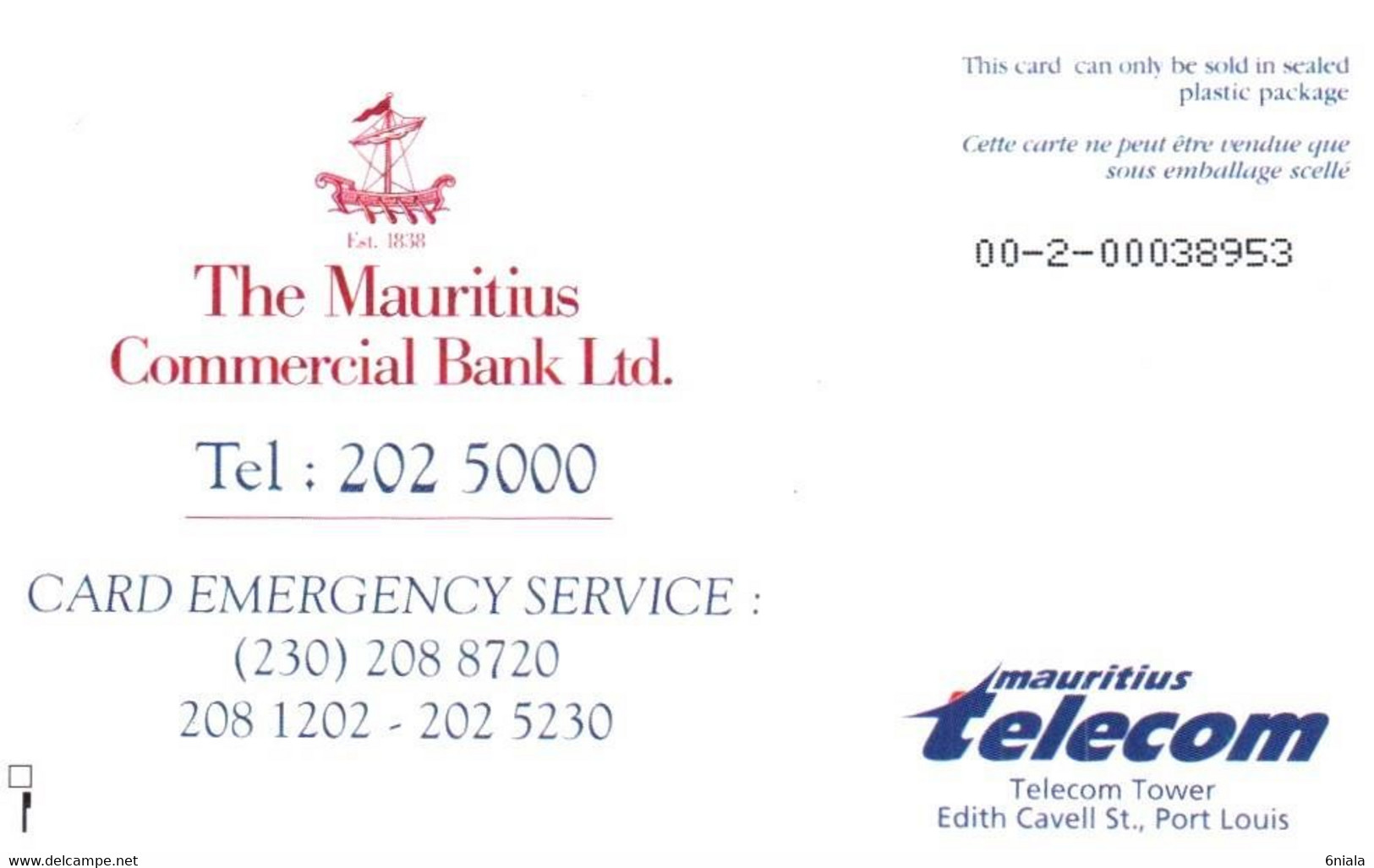 7563 Télécarte Collection MAURICIUS COMMERCIAL BANK Ltd Mr BEST ( Recto Verso)    Carte Téléphonique - Maurice