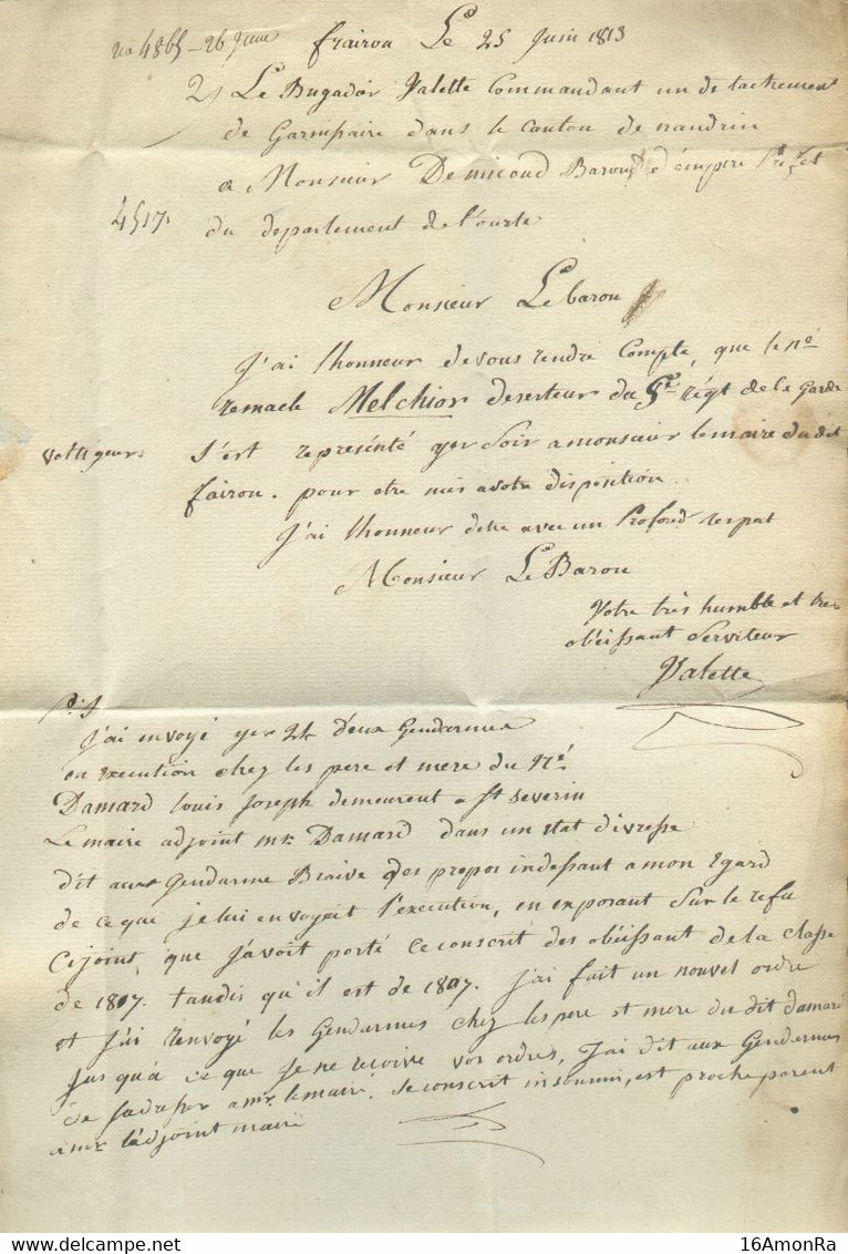 LAC De FAIRON Le 25 Juin 1813 En Franchise (man. Le Brigadier De Gendarmerie VALETTE) (détaché Dans Le Canton De NANDRIN - 1794-1814 (Période Française)