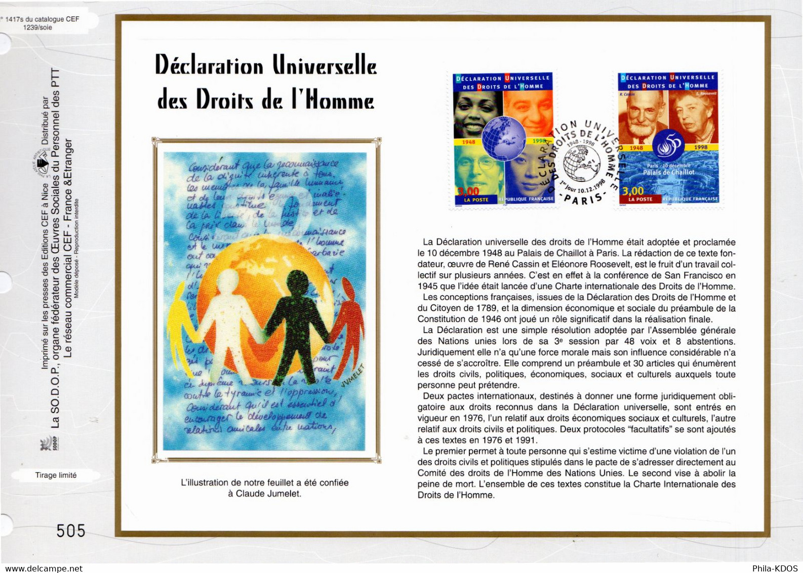 &#9989;" DECLARATION UNIVERSELLE DES DROITS DE L'HOMME " Sur Feuillet CEF 1er Jour N°té De 1998 N° YT 3208 9 PLI S.O.FDC - Massoneria