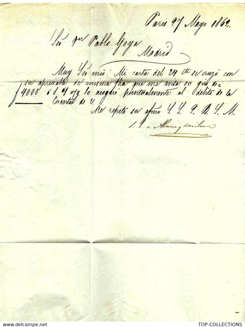 1862 RARE  n°16 (margé) oblitéré étoile pleine + CàD PARIS(J)  LAC du 27/5/1862 pour l'Espagne, 1°choix/TB. BANQUE PARIS