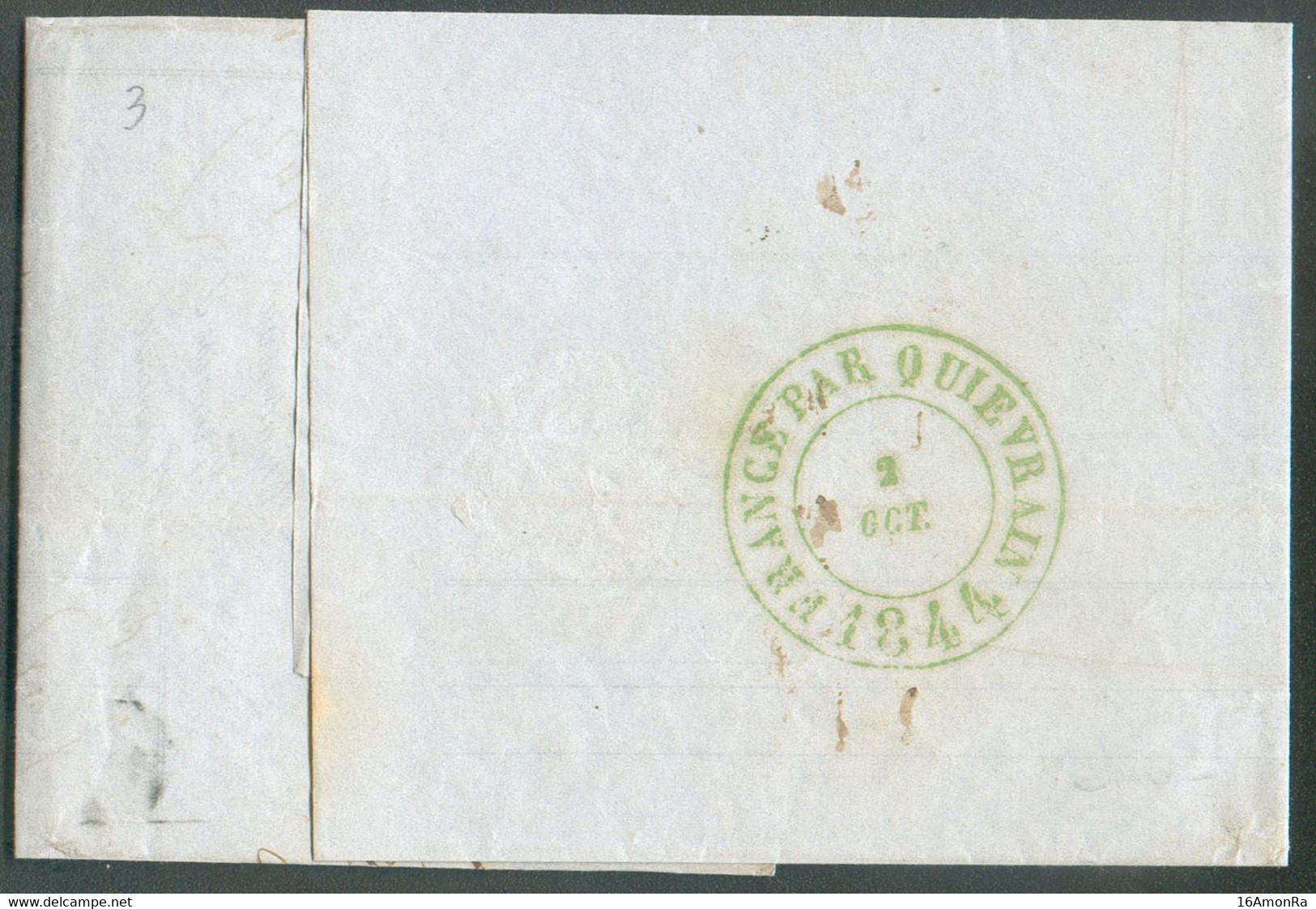 Lettre De ST QUENTIN (FR) Le 2 Octobre 1844 Vers Mons - Verso Cachet Dc Vert FRANCE PAR QUIEVRAIN  - TB - 19515 - Doorgangstempels