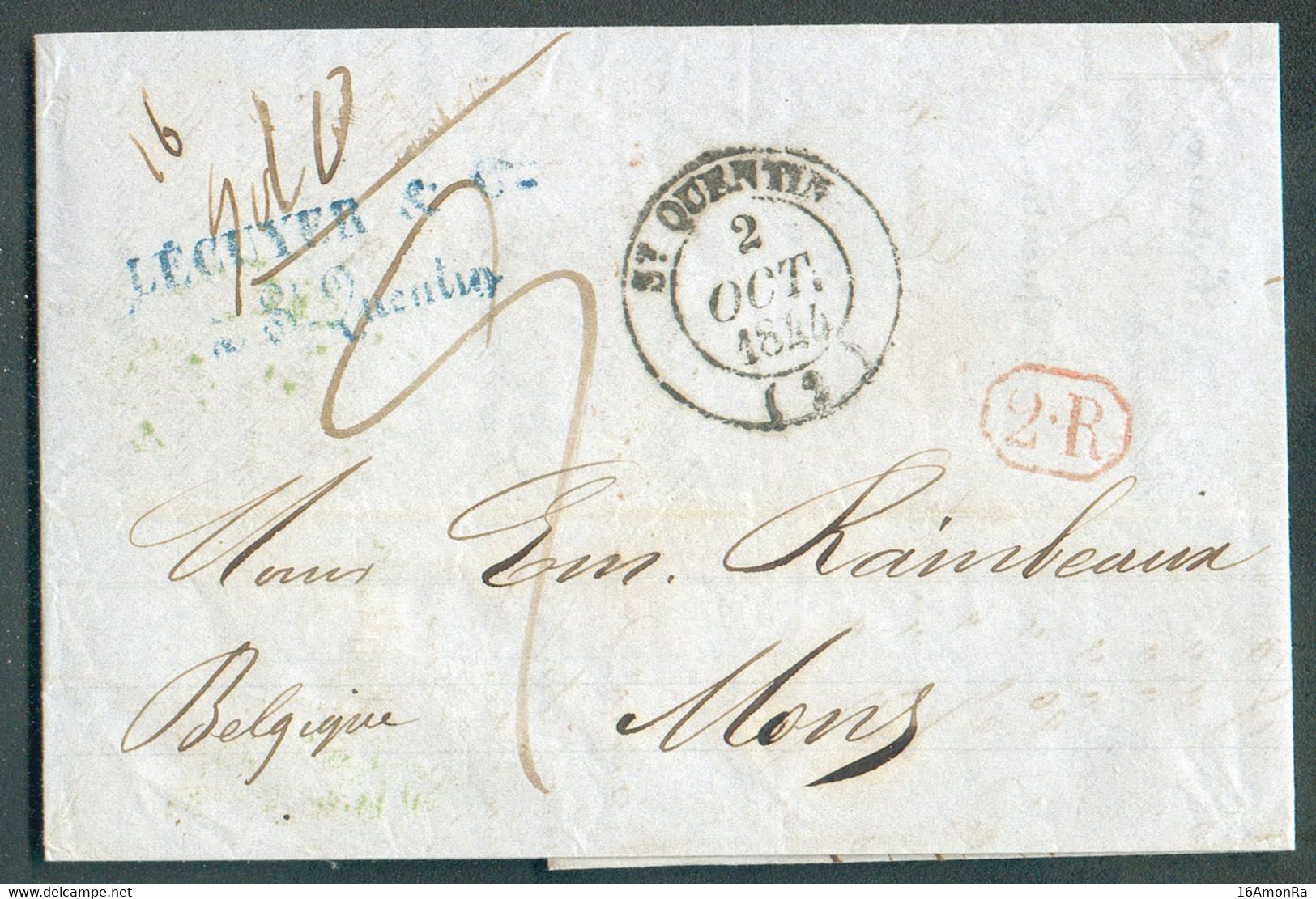 Lettre De ST QUENTIN (FR) Le 2 Octobre 1844 Vers Mons - Verso Cachet Dc Vert FRANCE PAR QUIEVRAIN  - TB - 19515 - Bureaux De Passage