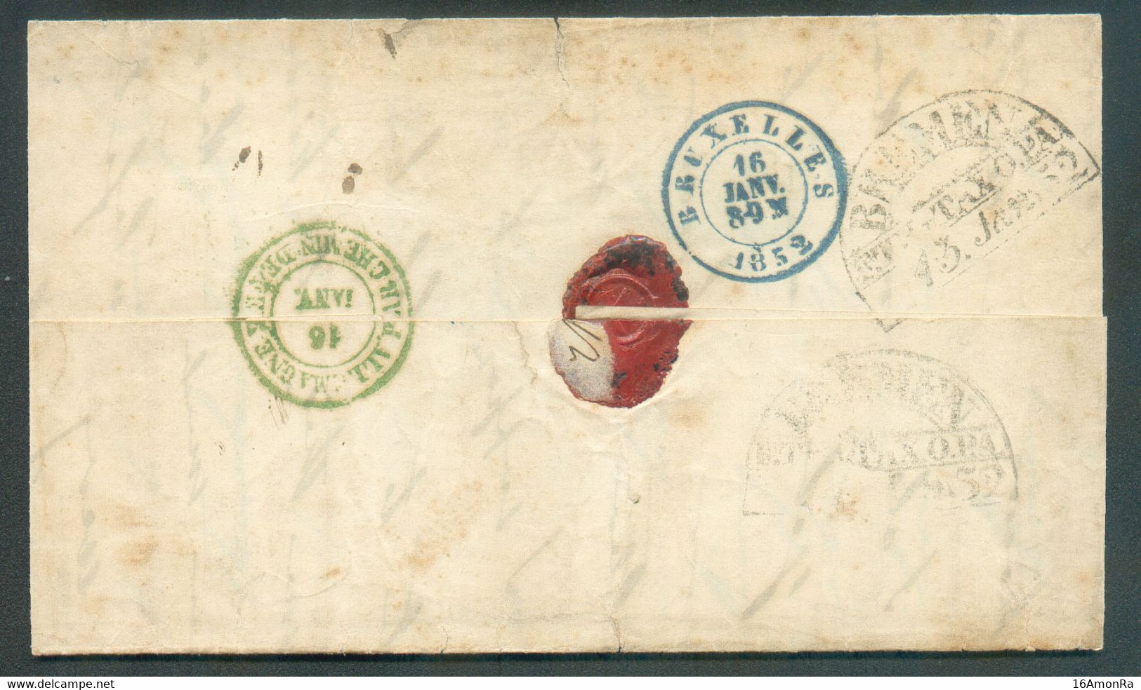 Lettre De OLDENBERG 15-1-1852 Vers Bruxelles - Verso Cachet Dc Vert ALLEMAGNE PAR CHEMIN DE FER - TB - 19516 - Bureaux De Passage