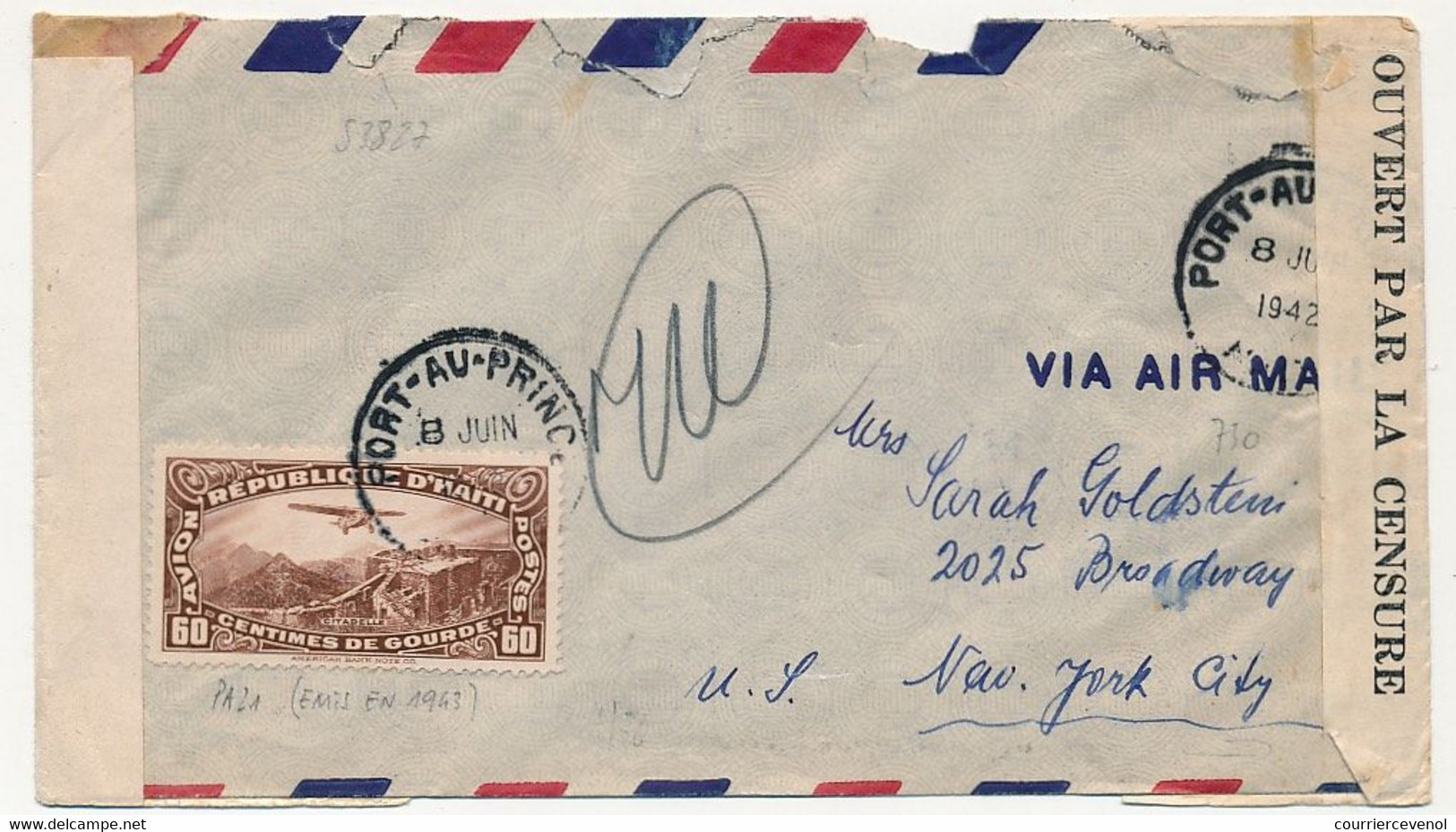 HAITI - Env. Affr 60c Poste Aérienne - Port Au Prince 8 Juillet 1942 - Pour New York - Censures US Et Haiti - Haití