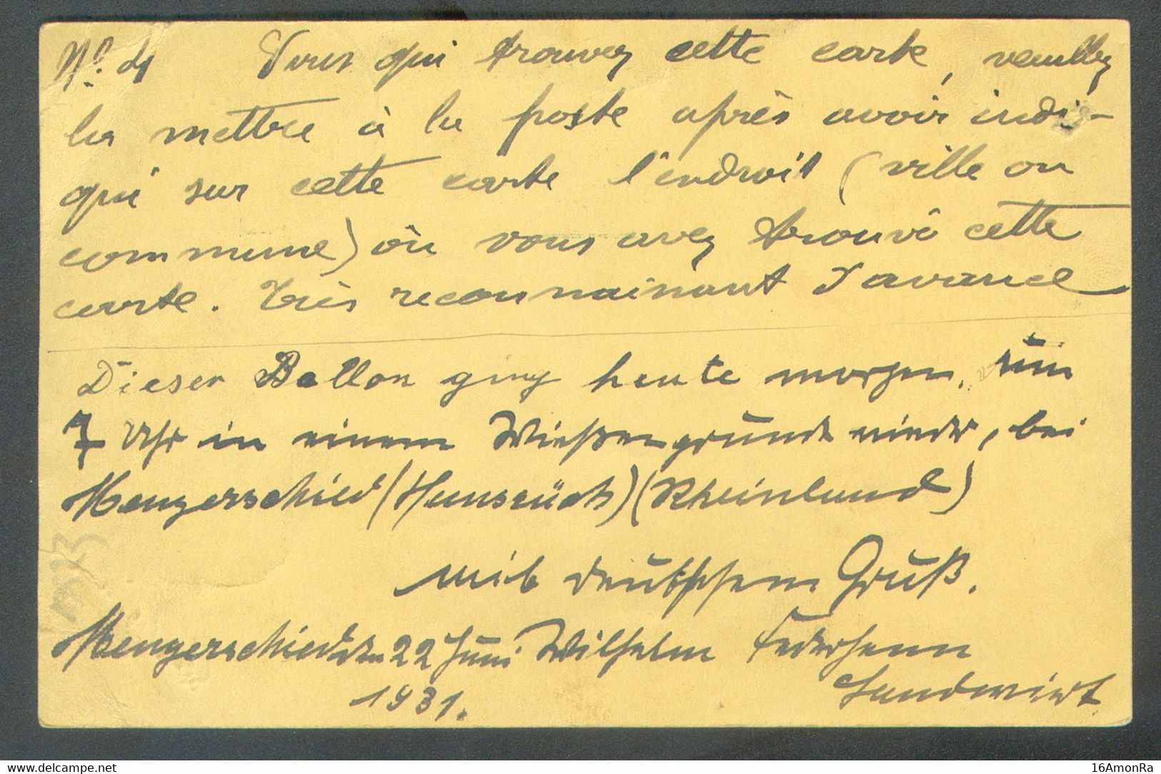 E.P. Carte Houyoux 35 + 5c. Obl. Allemande GOMMERN 13.6.1931 Vers Montignies PAR BALLON (voir Verso)  TB  Et RR - 19523 - Cartes Postales 1909-1934