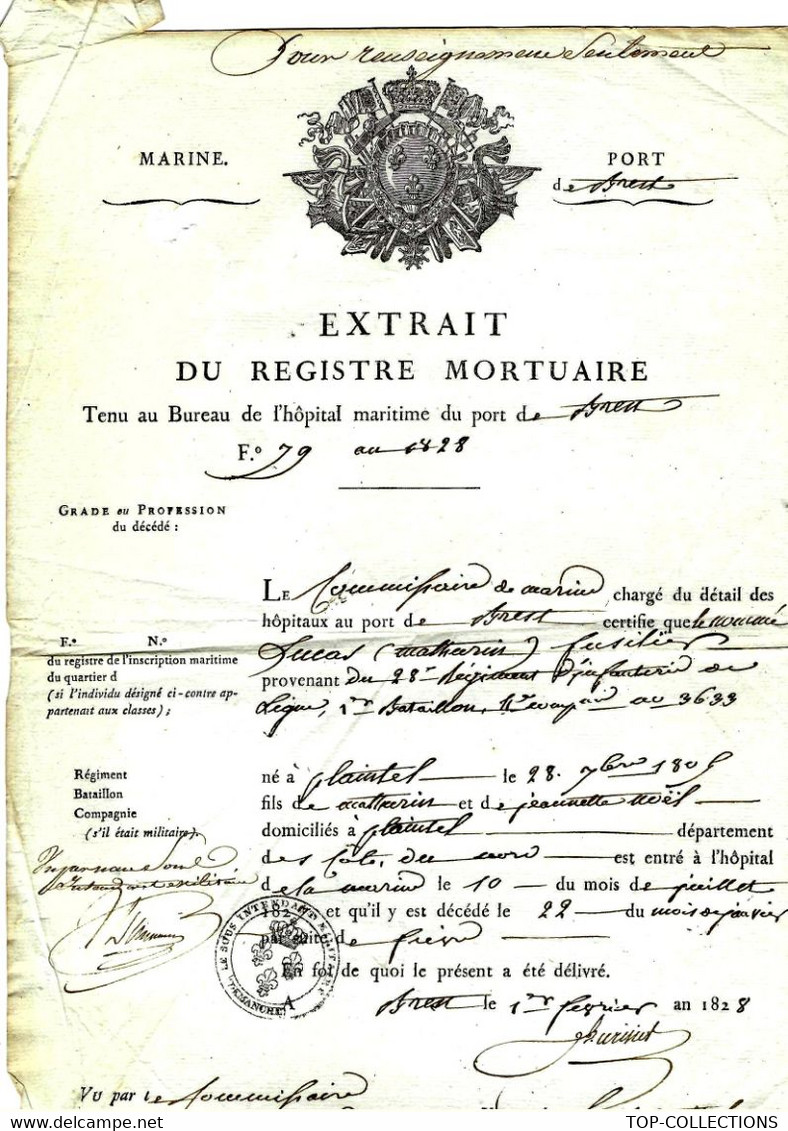 1828 Marine Port De Brest  EXTRAIT DU REGISTRE MORTUAIRE  Cachets + Signatures Dècés Mathurin Lucas Fusilier Marin - Historical Documents