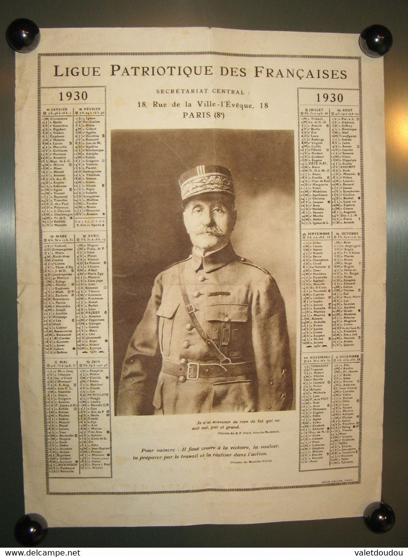 Calendrier LIGUE PATRIOTIQUE DES FRANCAISES - 1930 -Maréchal FOCH - Grand Format : 1921-40