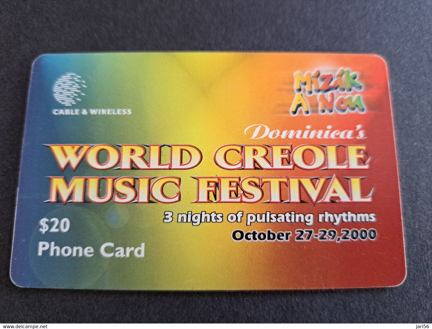 DOMINICA / $20 CHIPCARD  WORLD CREOLE MUSIC FESTIVAL 2000       Fine Used Card  ** 10026 ** - Dominique