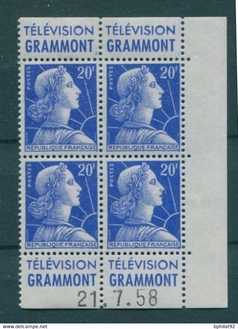 !!! 20 F MARIANNE DE MULLER BLOC DE 4 AVEC PUBS GRAMMONT  - GRAMMONT ET COIN DATE NEUF ** - 1950-1959