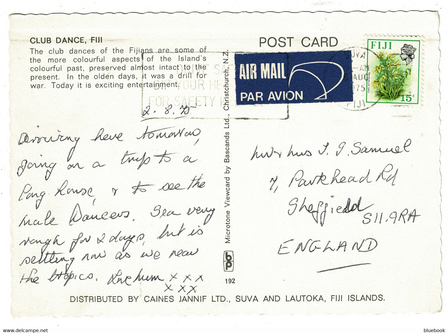 Ref 1550 - 1975 Ethnic Fiji Postcard - 15c Airmail Rate To Sheffield UK - Fidschi