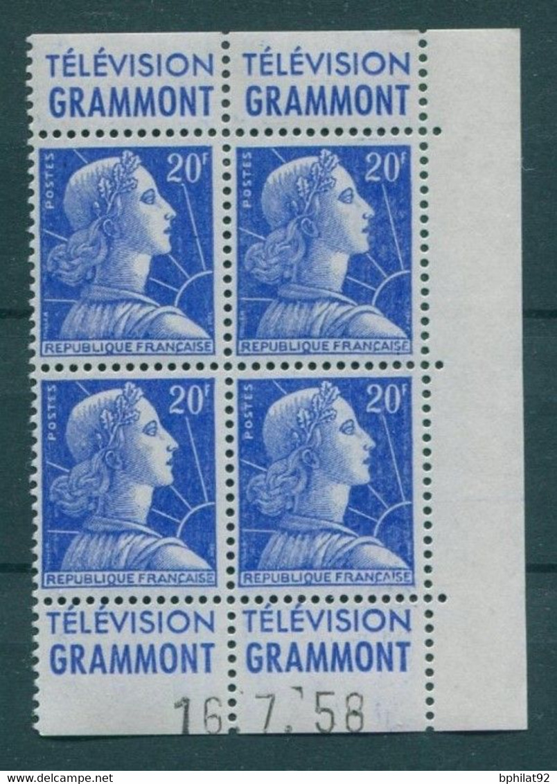 !!! 20 F MARIANNE DE MULLER BLOC DE 4 AVEC PUBS GRAMMONT  - GRAMMONT ET COIN DATE NEUF ** - 1950-1959