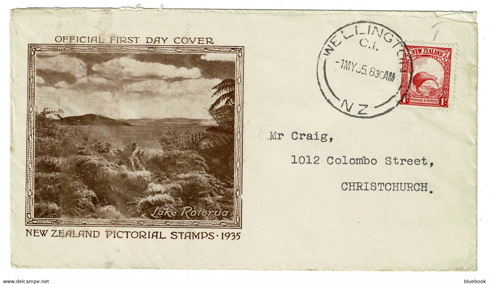 Ref 1550 - New Zealand - 1935 Illustrated First Day Cover FDC - 1d Kiwi - Lake Rotorua - Lettres & Documents