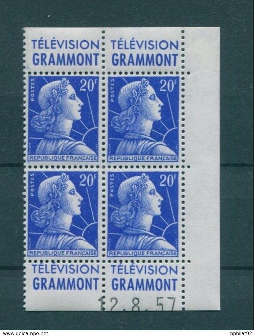 !!! 20 F MARIANNE DE MULLER BLOC DE 4 AVEC PUBS GRAMMONT  - GRAMMONT ET COIN DATE NEUF ** - 1950-1959