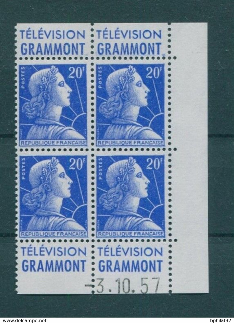 !!! 20 F MARIANNE DE MULLER BLOC DE 4 AVEC PUBS GRAMMONT  - GRAMMONT ET COIN DATE NEUF ** - 1950-1959
